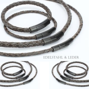 Leather necklace or bracelet dark brown braided 3,4,5,6 mm with stainless steel clasp BLACK in lengths 18-70 cm
