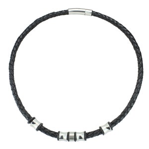 Black braided leather necklace/choker with 5 stainless steel beads/pearls and silver clasp. Men&#39;s necklace