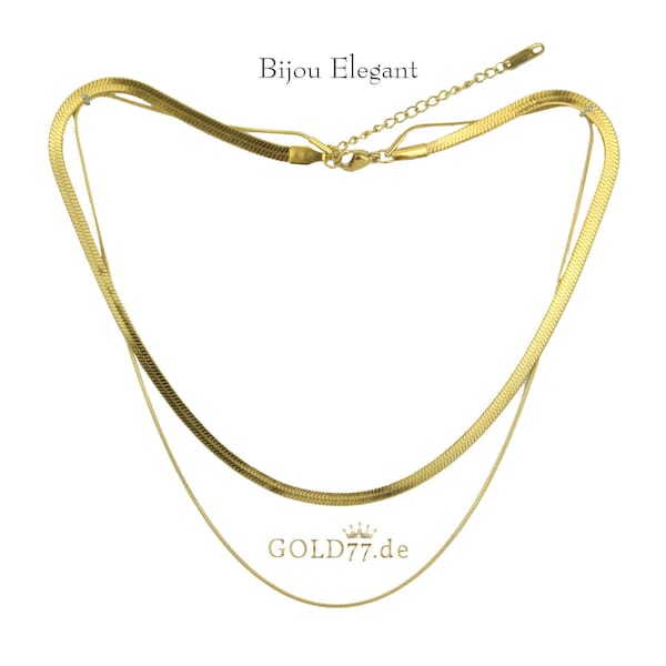 Bijou Elegant 2-teiliger Layer aus Edelstahl 18 Karat vergoldet | Schlangenkette flach + rund