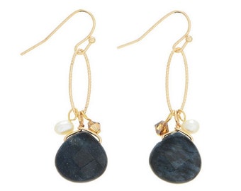 Pearl and Faceted Navy Blue Lapis Lazuli Stone Earrings