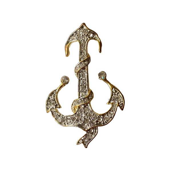 Nautical Gold Anchor Lapel Pin Brooch w Bling - Bulk Discounts