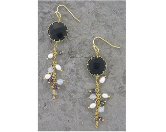 Dark Blue/Purple Stone with Freshwater Pearls and Crystal Accents Earrings