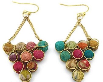 Anju Aasha Recycled Indian Saris Beaded Cluster Triangle Earrings Boho Chic