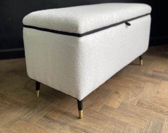 Vintage 1950s ottoman reupholstered pure white boucle fabric with original black and brass atomic legs