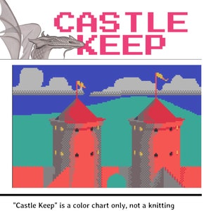 May include: A pixel art color chart of two red and gray castles with yellow windows, set against a blue sky with gray clouds and a green grassy hill. The text "CASTLE KEEP" is at the top of the image.
