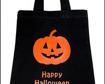 Personalised Halloween Happy Pumpkin Trick or Treat Bag / 8 Designs available / Cotton Sweet Bag / Re-usable Bag