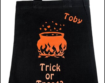 Personalised Halloween Cauldron Trick or Treat Bag / 8 Designs available / Cotton Sweet Bag / Re-usable Bag