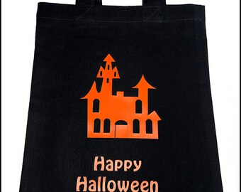 Personalised Halloween Scary House Trick or Treat Bag / 8 Designs available / Cotton Sweet Bag / Re-usable Bag