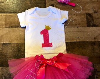 Girl Birthday Tutu Outfit | 1st Birthday Shirt | Personalized Birthday Shirt | First Birthday | Princess Crown | Hot Pink Tutu