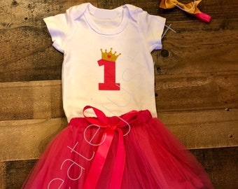 Girl Birthday Tutu Outfit | 1st Birthday Shirt | Personalized Birthday Shirt | First Birthday | Princess Crown | Hot Pink Tutu