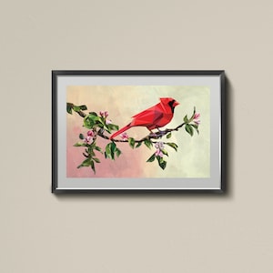May include: A red cardinal bird perched on a branch with pink blossoms. The bird is depicted in a geometric style, with a colorful background.