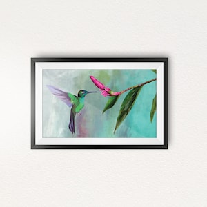 May include: A green and blue hummingbird with a long beak hovers near a pink flower with green leaves against a blue and green watercolor background.