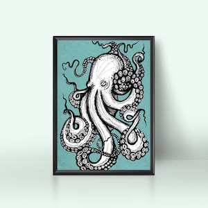 7x9&quot; Hand Drawn Octopus Digital Print, Downloadable Wall Art Print, Nature Poster, Instant Download Art, Animal Poster, Octopus Art
