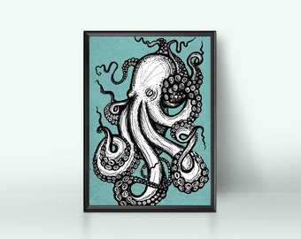 7x9" Hand Drawn Octopus Digital Print, Downloadable Wall Art Print, Nature Poster, Instant Download Art, Animal Poster, Octopus Art