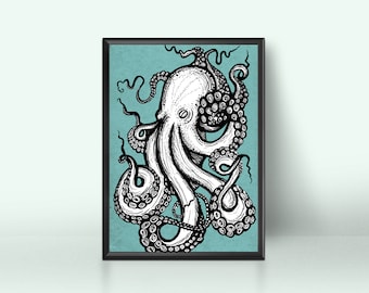 7x9" Hand Drawn Octopus Digital Print, Downloadable Wall Art Print, Nature Poster, Instant Download Art, Animal Poster, Octopus Art