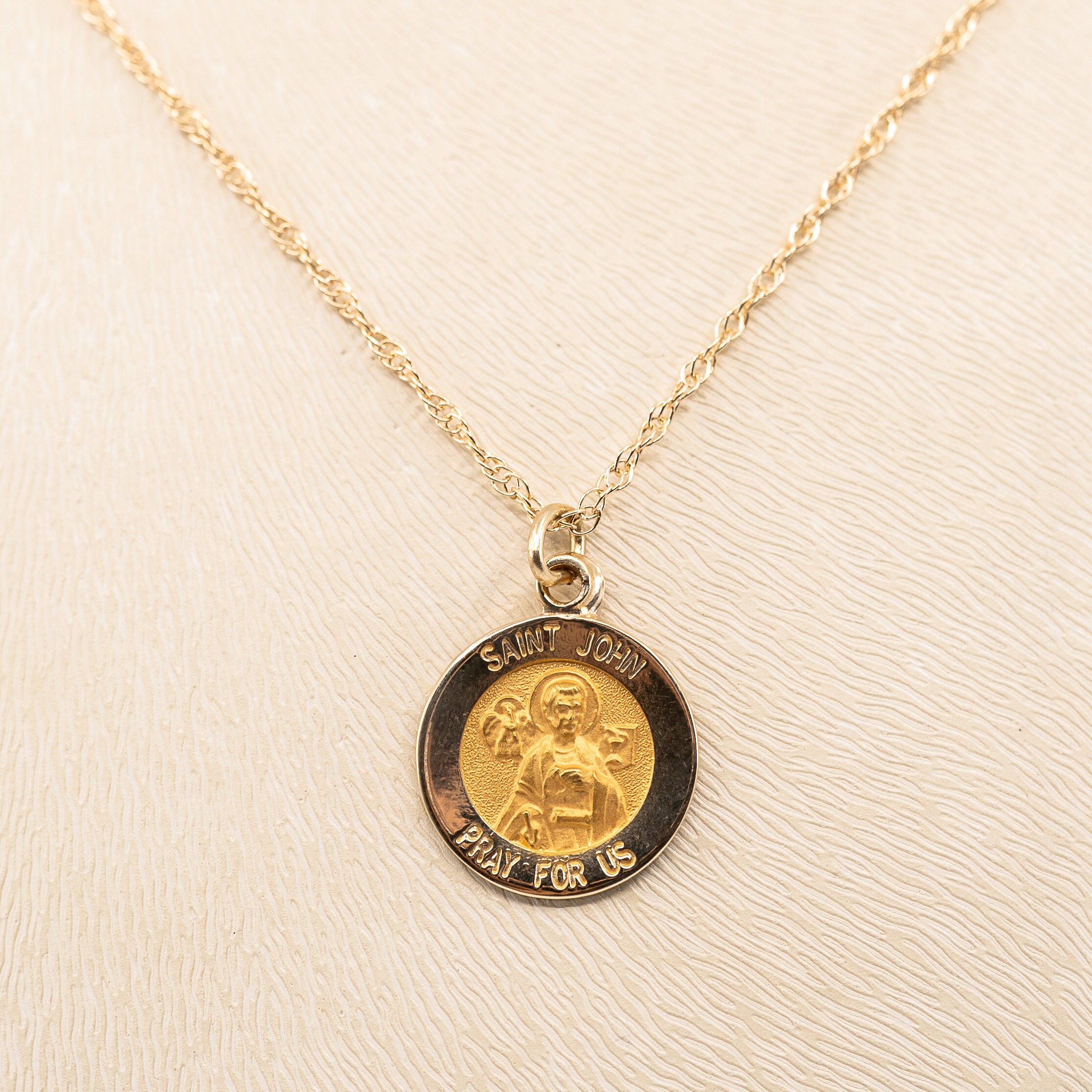 St John Necklace Saint Medallion Medal Baptism Christening 14K Etsy