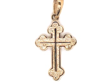 Budded Simple Inlay Solid 14k Gold Orthodox Christian Cross Greek Serbian Romanian Bulgarian Russian Christening Baptism Gift Sacrament Gift