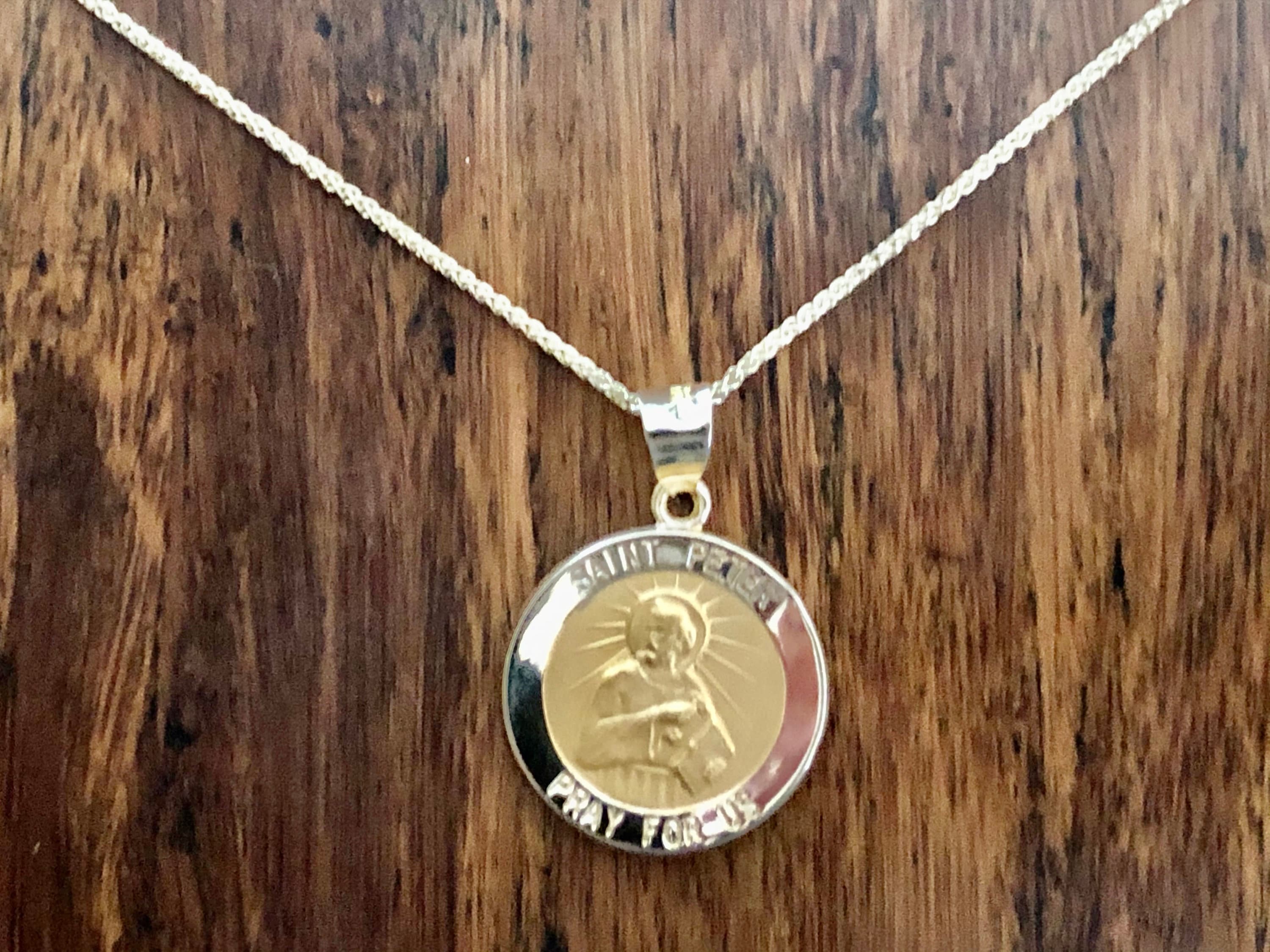 St Peter Necklace Large Saint Medallion Medal Baptism Etsy