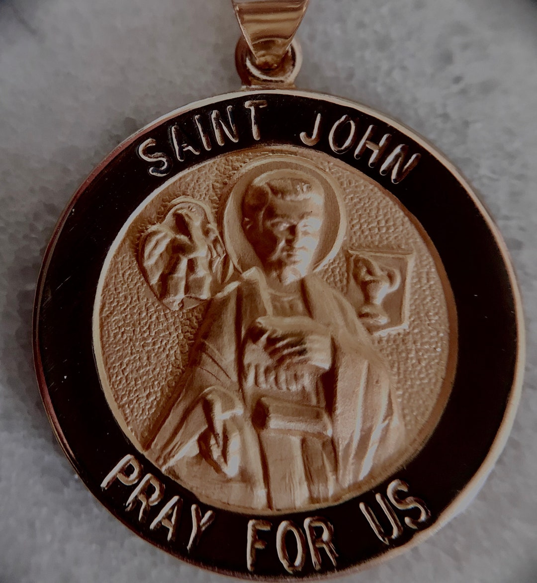 St John Necklace Large Saint Medallion Medal Baptism Christening 14K ...