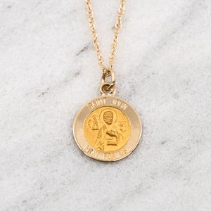 St John Necklace Saint Medallion Medal Baptism Christening 14K Solid Yellow Gold Charm Christian  Evangelist Religious Catholic Pendant