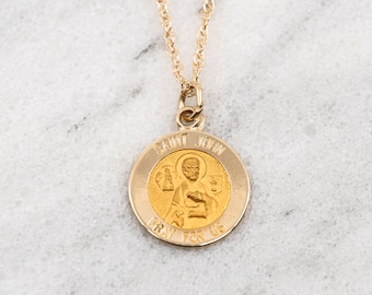 St John Necklace Saint Medallion Medal Baptism Christening 14K Solid Yellow Gold Charm Christian  Evangelist Religious Catholic Pendant