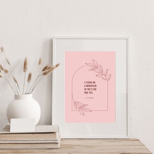 May include: A white framed print with a pink background and a quote that reads "I stood on a mountain of no's for one yes. - B. Smith" with a floral design around the quote.
