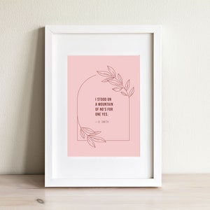 May include: A framed print with a pink background and a quote that reads "I stood on a mountain of no's for one yes. -  E. Smith". The quote is surrounded by a line drawing of a leafy branch.