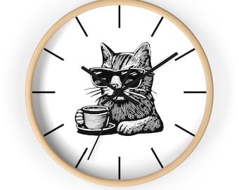 Funny Cat with Coffee Wall Clock, Novelty Home Decor