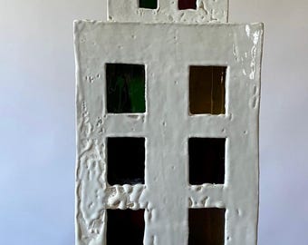 Ceramic Skyscraper Table Lamp with Stained Glass Windows