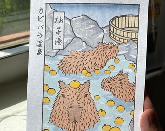 Ukiyo-e Capybara Hot Springs / Grabado en madera original hecho a mano