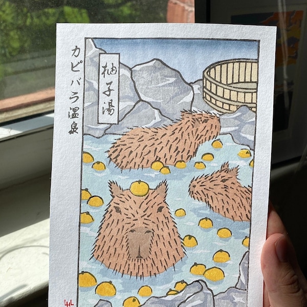 Ukiyo-e Capybara Hot Springs | Handmade Original Woodblock Print
