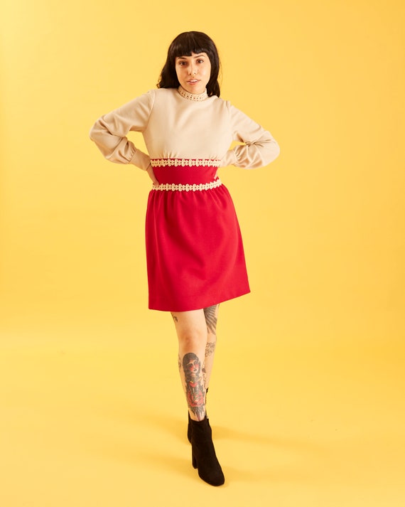 60's Tan and Cranberry Mod Mini Dress