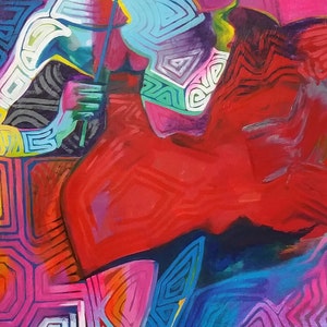 May include: Abstract painting with a vibrant red, blue, and yellow color scheme. The painting features geometric shapes and patterns, creating a dynamic and energetic composition.