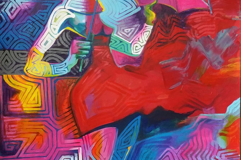 May include: Abstract painting with a vibrant red, blue, and yellow color scheme. The painting features geometric shapes and patterns, creating a dynamic and energetic composition.