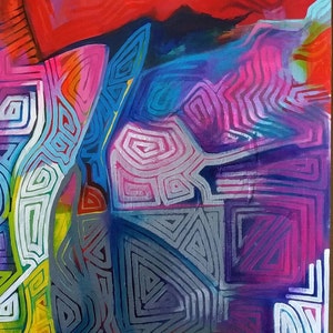 May include: Abstract painting with a colorful geometric pattern. The painting features a mix of red, blue, pink, yellow, and white colors. The geometric shapes are layered and overlapping, creating a sense of depth and movement.