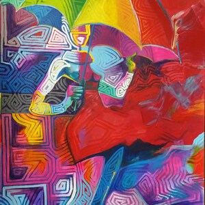 May include: Abstract painting with a colorful, geometric design. The painting features a mix of red, yellow, blue, green, and purple hues. The design is made up of overlapping shapes and lines, creating a sense of depth and movement.