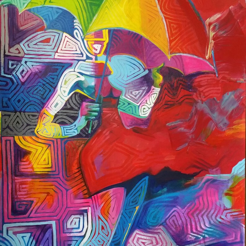 May include: Abstract painting with a colorful, geometric design. The painting features a mix of red, yellow, blue, green, and purple hues. The design is made up of overlapping shapes and lines, creating a sense of depth and movement.