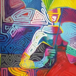 May include: Abstract painting with a colorful, geometric design. The painting features a variety of shapes and colors, including blue, green, yellow, red, and purple. The painting is done in a style that is reminiscent of cubism.