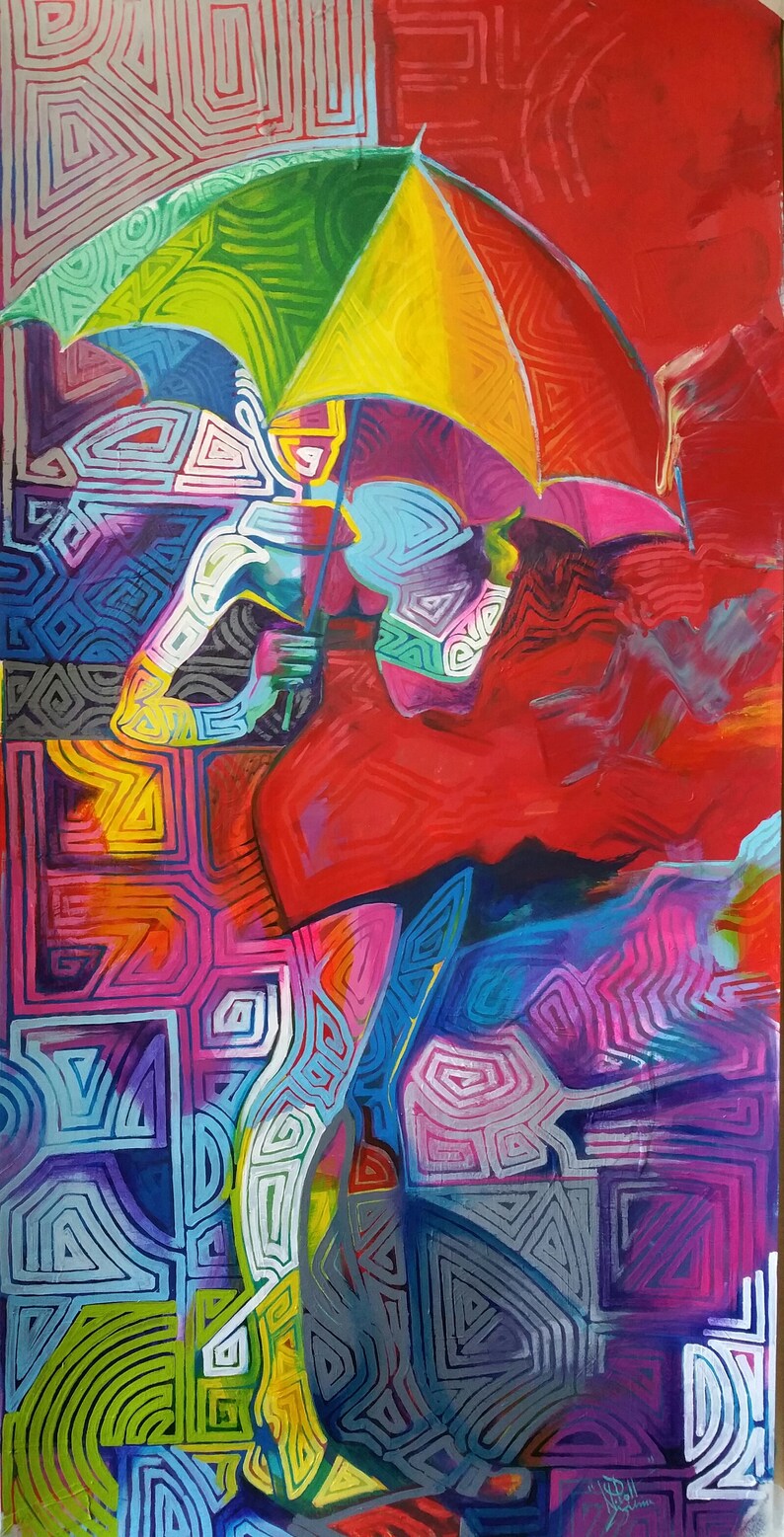 May include: Abstract painting with a colorful umbrella and geometric patterns in shades of blue, green, red, yellow, and white.