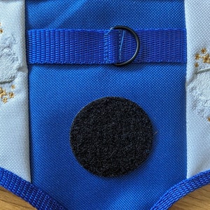 K&ouml;nnte beinhalten: Blau-wei&szlig;es Stoff-Hundehalsband mit einem schwarzen Klettverschluss-Patch und einem blauen Band mit einem Metallring.