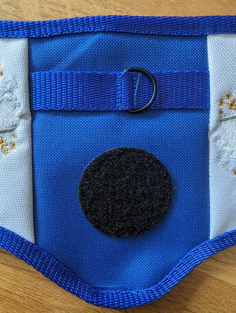 K&ouml;nnte beinhalten: Blau-wei&szlig;es Stoff-Hundehalsband mit einem schwarzen Klettverschluss-Patch und einem blauen Band mit einem Metallring.