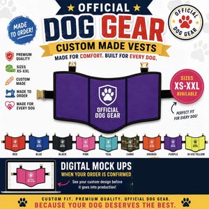 Puede incluir: Chaleco morado para perros con el texto "OFFICIAL DOG GEAR" y un logotipo de huella de pata. La imagen muestra varias opciones de color, incluyendo rojo, azul, negro, rosa, verde azulado, camuflaje, naranja, morado y amarillo de alta visibilidad. Tallas XS-XXL disponibles.