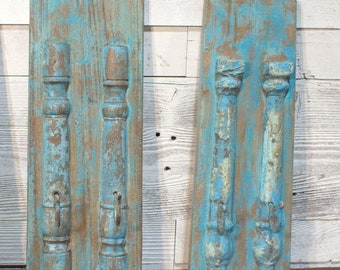 RR Vintage Rustic Wooden Wall Hooks | Distressed Metal Coat Hanger | Blue Rustic Decor | Farmhouse Entryway Organizer | Unique Hook Rack