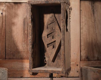 Vintage Wooden Brick Mold with Maker's Mark on Iron Stand, Industrial Sculpture
