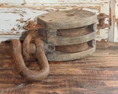 Small Vintage Pulley, Two Wheel Block Pulley with Hook, Wood Iron Pulley