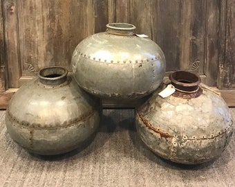 Tribal Nigori Metal Pot, Industrial Garden  Vessel Decor, Vintage Water Barrier