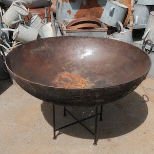 Vintage Outdoor Fire Pit from India with Stand | Rustic Firepit | Antique Cooking Bowl, Kadai Bowl Primitive | Free Shipping