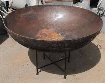 Vintage Outdoor Fire Pit from India with Stand, Rustic Metal Bowl, Antique Cooking Bowl, Kadai Bowl Primitive (Shipping Included)