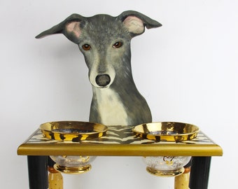 Hand Painted Grey Whippet Dog Feeder with Leopard Accents, Hand Crafted Dog Food Station, handpainted Whippet Dog Feeding Standing Station