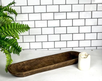 Long Brown Carved Wood Bowl, Farmhouse Rustic Wood Tray Centerpiece